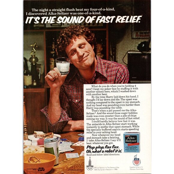 1979 Alka Seltzer Antacid Vintage Print Ad Card Table Moscow Olympics Sponsor - Picture 1 of 2